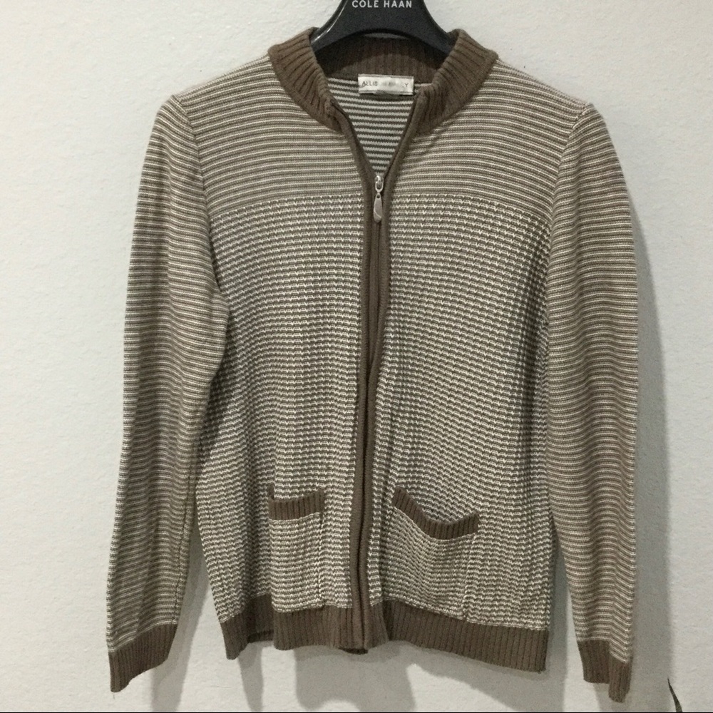Allison Daley Stripped Brown Zip-up Cardigan Sz L